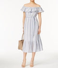 Grace Elements Women's Blue Belted Striped Off-The-Shoulder Midi Dress L - evorr.com
