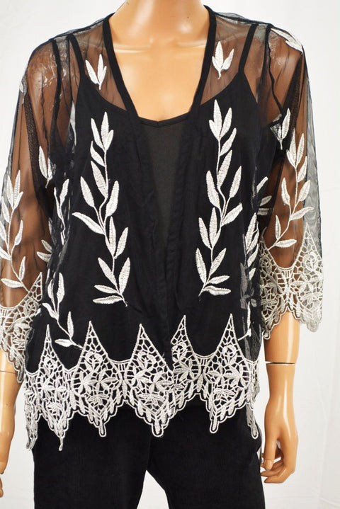 Alfani Women Black Embroidered Open-Front Sheer Cardigan Shrug Petite M