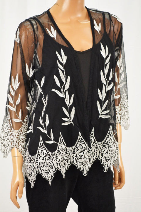 Alfani Women Black Embroidered Open-Front Sheer Cardigan Shrug Petite M