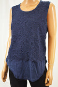 New Maison Jules Women's Sleeveless Linen Blue Layered Look Lace Blouse Top XL - evorr.com