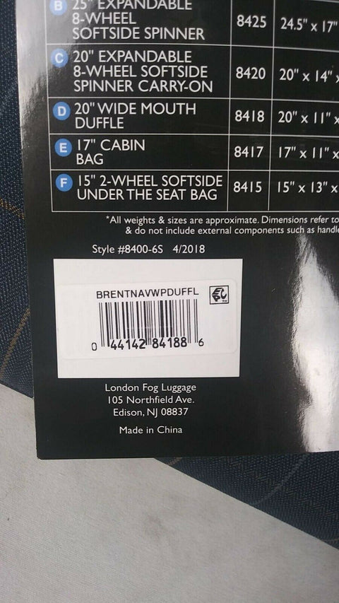 $200 New London Fog Brentwood 20" Duffel Bag Blue checked