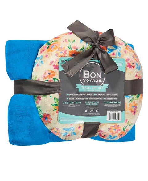 $40 New Bon Voyage Travel Memory foam Neck Pillow & Throw Blanket Set Blue/Multi