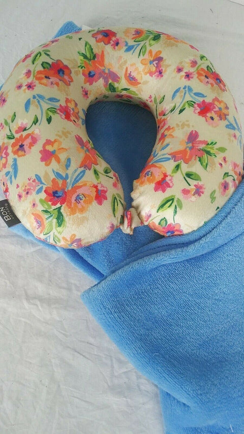 $40 New Bon Voyage Travel Memory foam Neck Pillow & Throw Blanket Set Blue/Multi