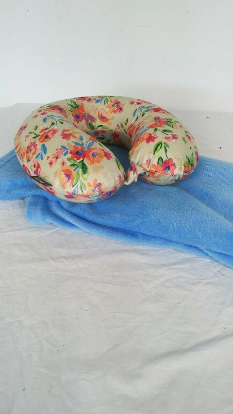 $40 New Bon Voyage Travel Memory foam Neck Pillow & Throw Blanket Set Blue/Multi