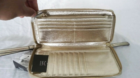 Inc International Glam Metallic Quilted Zip-Around Credit Cards Wallet Bag Gold - evorr.com