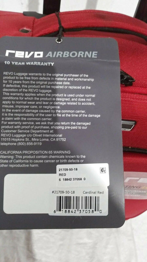 $180 NEW REVO Airborne Carry-On Two Wheeled Suitcase Luggage Red 18"