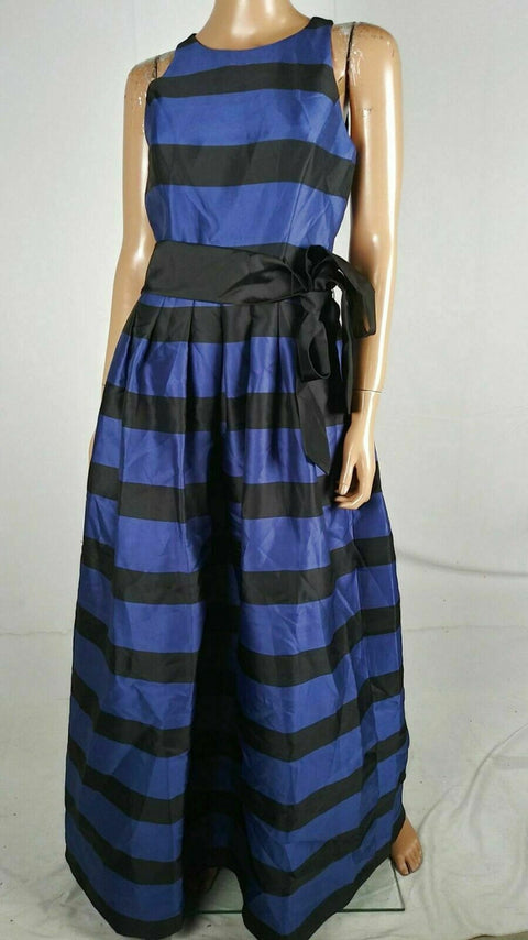 $275 NEW TAHARI Women Black Blue Striped Long Party Gown Dress Belted Size 4