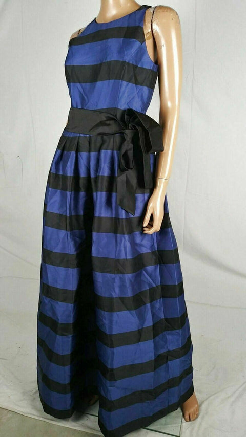 $275 NEW TAHARI Women Black Blue Striped Long Party Gown Dress Belted Size 4
