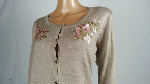 Karen Scott Women's Long Sleeve Beige Embroidery Button Cardigan Sweater Plus 1X