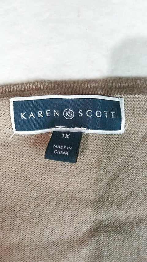 Karen Scott Women's Long Sleeve Beige Embroidery Button Cardigan Sweater Plus 1X