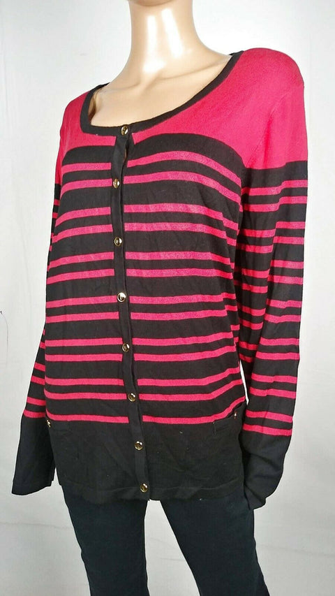 Karen Scott Women Long Sleeve Black Red Stripe Button Cardigan Sweater Plus 3X