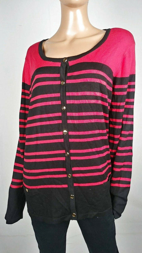 Karen Scott Women Long Sleeve Black Red Stripe Button Cardigan Sweater Plus 3X