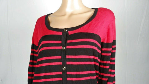 Karen Scott Women Long Sleeve Black Red Stripe Button Cardigan Sweater Plus 3X