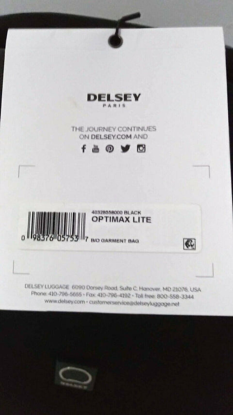 $220 New Delsey OptiMax Lite 21" Book-Opening Garment Bag Black