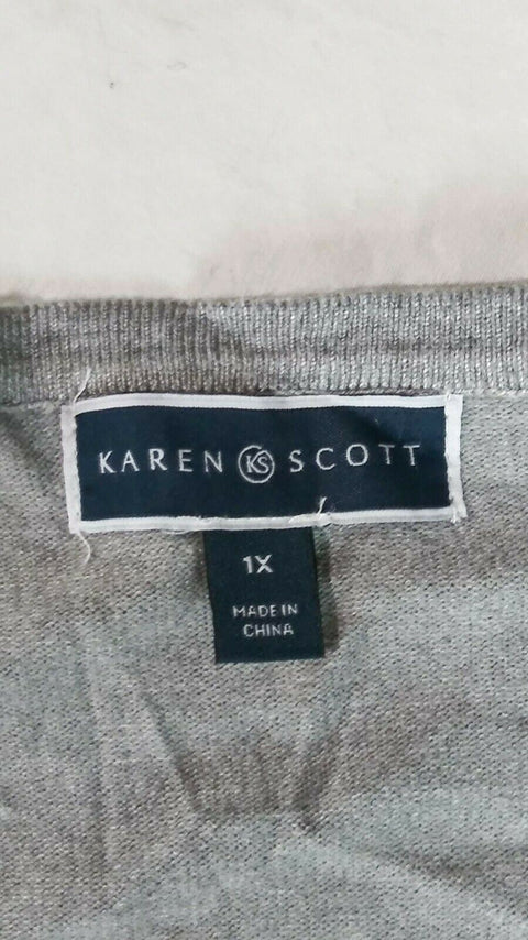 Karen Scott Women's Long Sleeve Gray Embroidery Button Cardigan Sweater Plus 1X