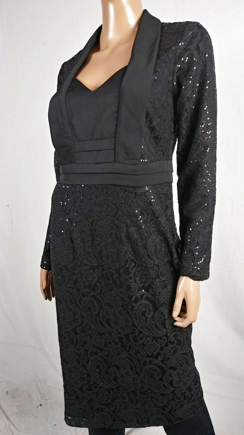 $109 SLNY Women Black Long Sleeve Pleated Embellish Lace Tunic Dress Size 8 - evorr.com