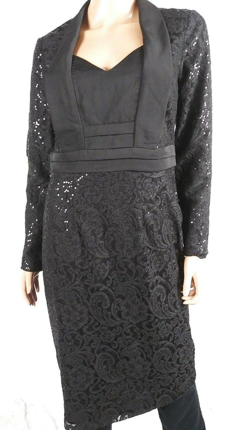 $109 SLNY Women Black Long Sleeve Pleated Embellish Lace Tunic Dress Size 8 - evorr.com