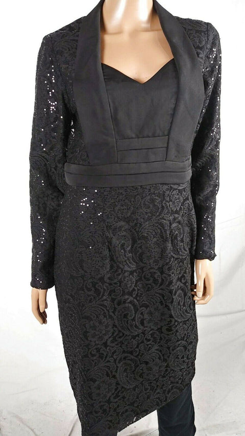 $109 SLNY Women Black Long Sleeve Pleated Embellish Lace Tunic Dress Size 8 - evorr.com