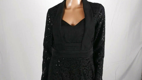 $109 SLNY Women Black Long Sleeve Pleated Embellish Lace Tunic Dress Size 8 - evorr.com
