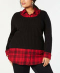 New Style&Co. Women Long-Sleeve Button Sweater Layered Black Red Plaids Plus 1X - evorr.com