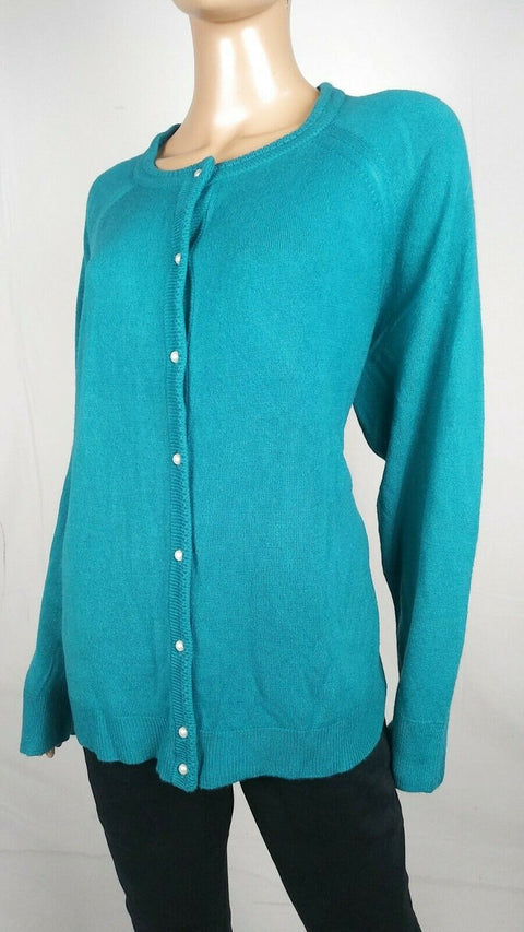 Karen Scott Women Long Sleeve Teal Blue Pearl Button Cardigan Sweater Plus 2X