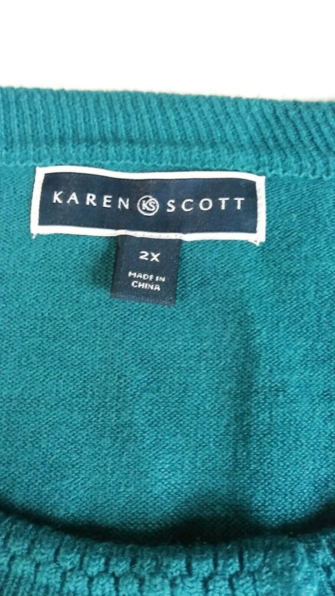 Karen Scott Women Long Sleeve Teal Blue Pearl Button Cardigan Sweater Plus 2X