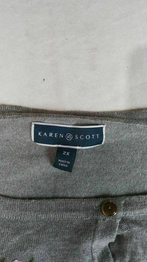 Karen Scott Women Long Sleeve Gray Embroidery Button Cardigan Sweater Plus 2X