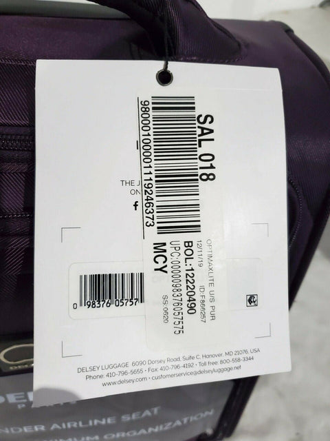 $200 New Delsey OptiMax Lite 17" 2-Wheel Under-Seat Bag Luggage Purple