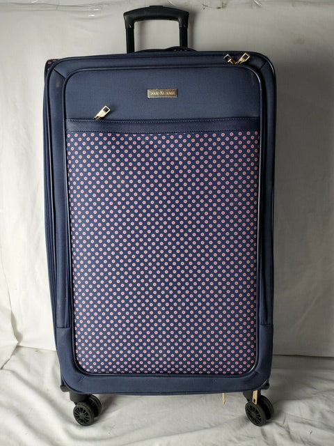 $380 New Isaac Mizrahi Soho 28" 8-Wheel Spinner Luggage, Navy Red Printed