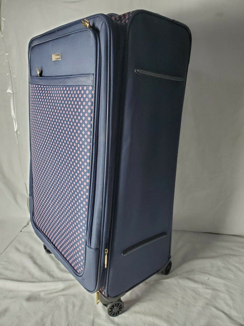 $380 New Isaac Mizrahi Soho 28" 8-Wheel Spinner Luggage, Navy Red Printed