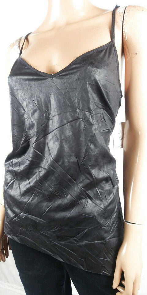 $109 Calvin Klein Women's Black Leather Look Spaghetti Straps Tank Blouse Top L - evorr.com