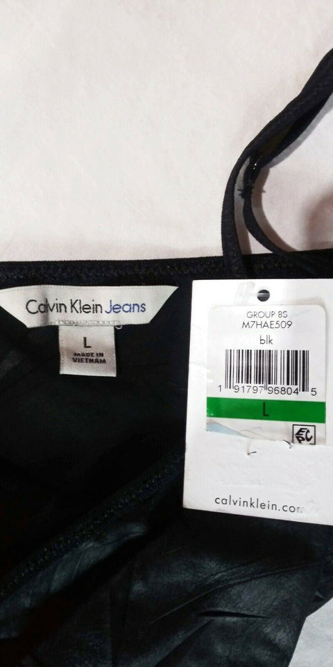 $109 Calvin Klein Women's Black Leather Look Spaghetti Straps Tank Blouse Top L - evorr.com
