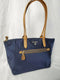 Michael Kors Women's Polly Nylon Top Zip Tote Brown Leather Trim Navy Blue Bag