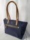 Michael Kors Women's Polly Nylon Top Zip Tote Brown Leather Trim Navy Blue Bag
