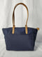 Michael Kors Women's Polly Nylon Top Zip Tote Brown Leather Trim Navy Blue Bag