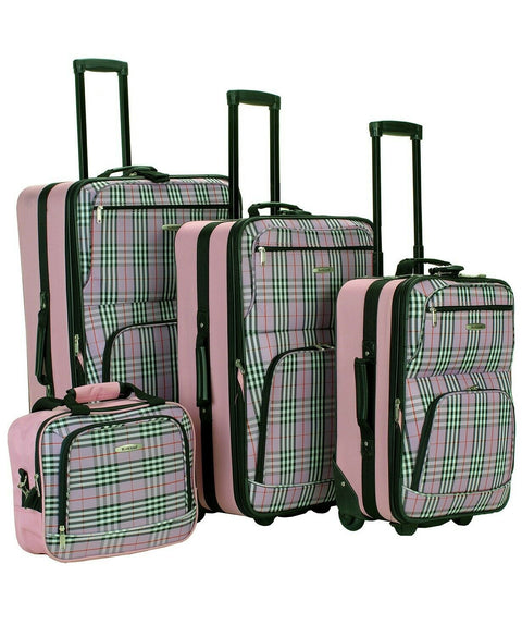 $240 New Rockland 4 Piece Luggage Set Rolling Suitcase Pink Plaids Upright
