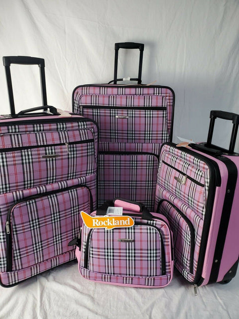 $240 New Rockland 4 Piece Luggage Set Rolling Suitcase Pink Plaids Upright