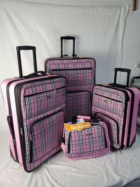 $240 New Rockland 4 Piece Luggage Set Rolling Suitcase Pink Plaids Upright