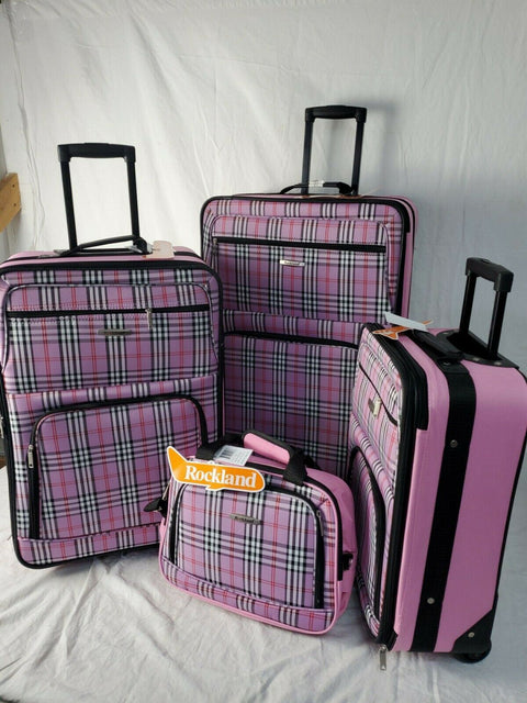 $240 New Rockland 4 Piece Luggage Set Rolling Suitcase Pink Plaids Upright