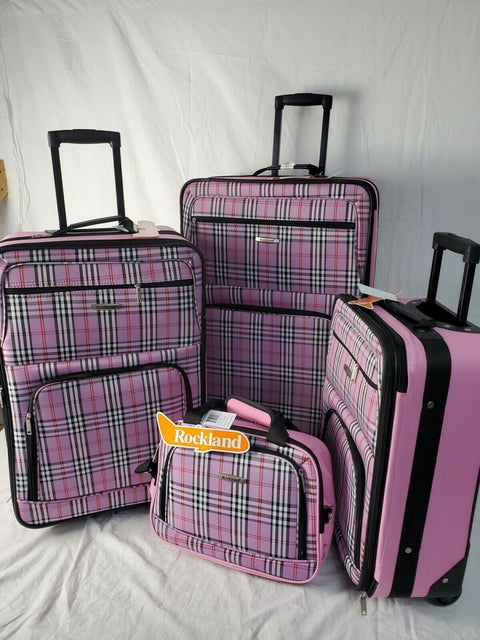 $240 New Rockland 4 Piece Luggage Set Rolling Suitcase Pink Plaids Upright
