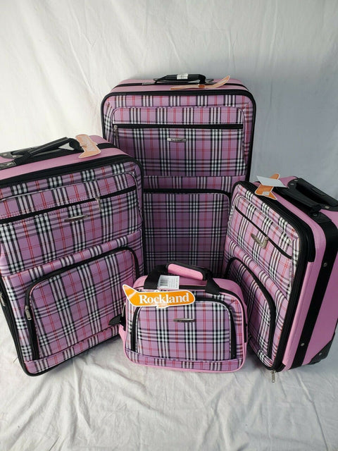 $240 New Rockland 4 Piece Luggage Set Rolling Suitcase Pink Plaids Upright