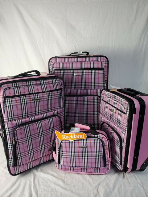 $240 New Rockland 4 Piece Luggage Set Rolling Suitcase Pink Plaids Upright