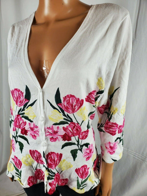 INC Women's Button-Down 3/4 Sleeves White Pink Floral Printed Cardigan Shrug 2XL - evorr.com