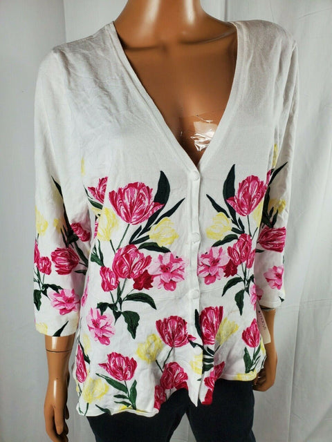 INC Women's Button-Down 3/4 Sleeves White Pink Floral Printed Cardigan Shrug 2XL - evorr.com