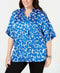New ALFANI Women's Blue Floral Printed Collar Pleated Front Blouse Top Plus 2X