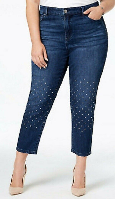 New Celebrity Pink Women's Straight Leg Capri Crop Studded Blue Denim Jeans 20
