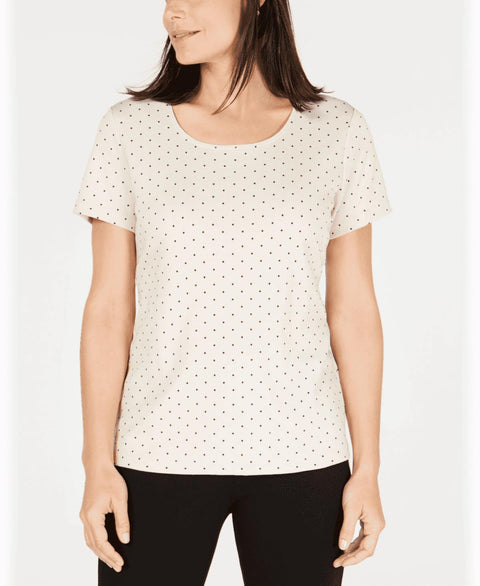 New Karen Scott Women's Short Sleeve Scoop Neck Beige Polka Dot Blouse Top M - evorr.com