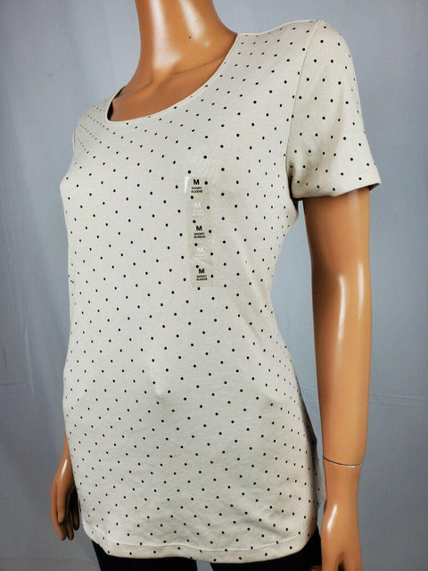 New Karen Scott Women's Short Sleeve Scoop Neck Beige Polka Dot Blouse Top M - evorr.com