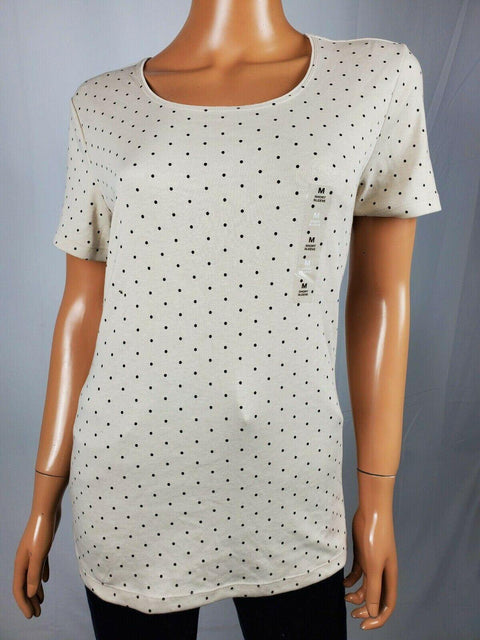 New Karen Scott Women's Short Sleeve Scoop Neck Beige Polka Dot Blouse Top M - evorr.com