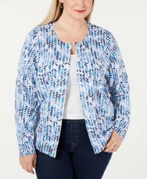 Karen Scott Women Long Sleeve Button Front Blue Brushed Chevron Cardigan Plus 1X